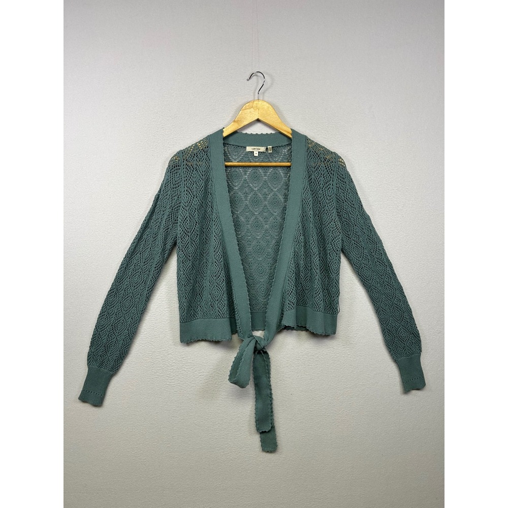 Cottagecore tyler böe Womens Med Sage Green Tie Front Pointelle Cardigan Sweater